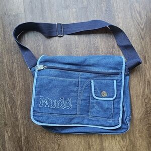 Y2K Vintage 90’s Mudd Dark Blue Denim Crossbody Shoulder Messenger Bag has wear